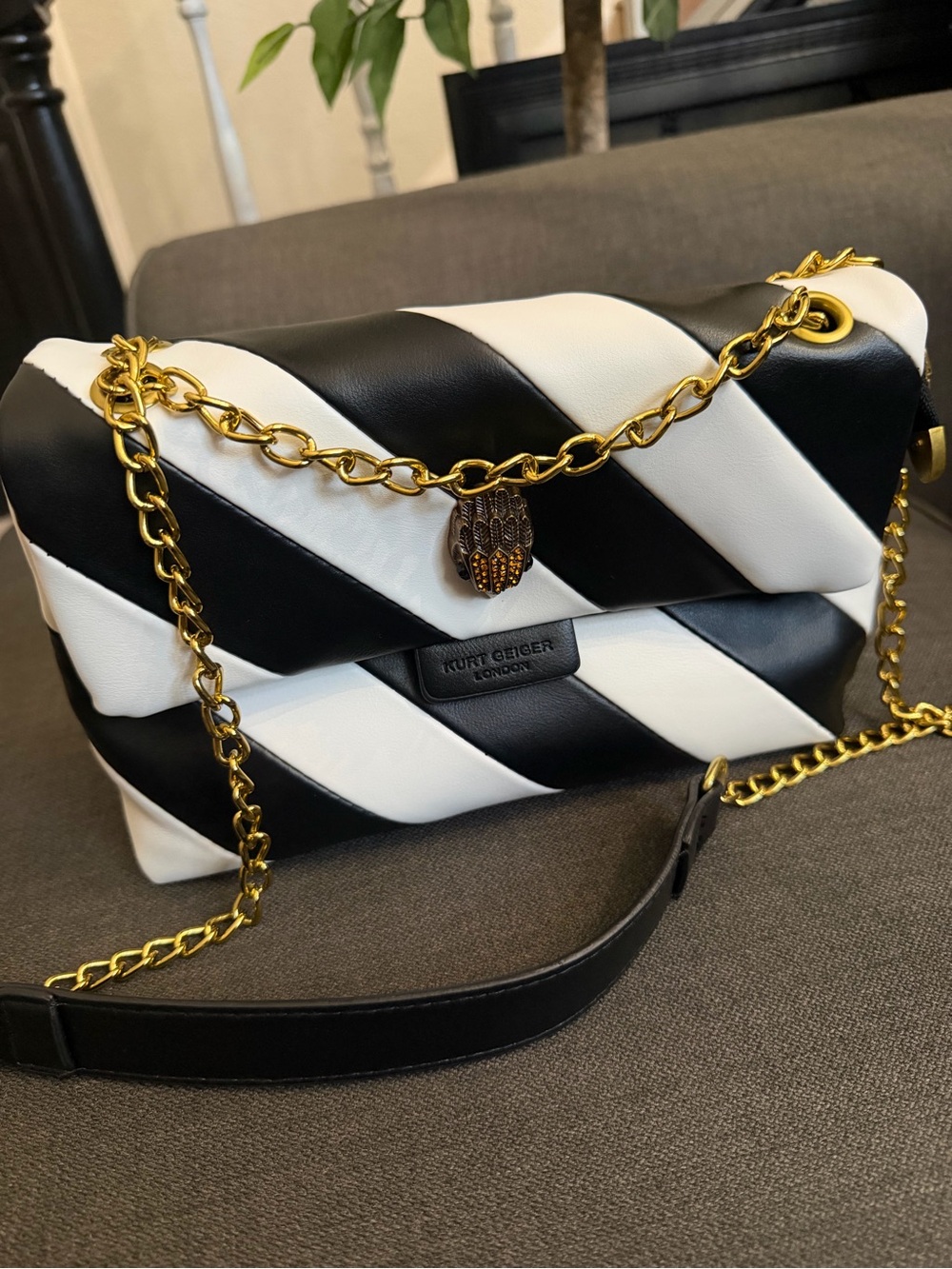 Kurt Geiger London Leather Kensington Bag Black White Stripe